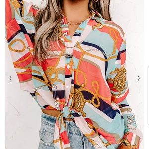 IMPRESSIONS NWT peach green nautical print knotted waist button down long sleeve